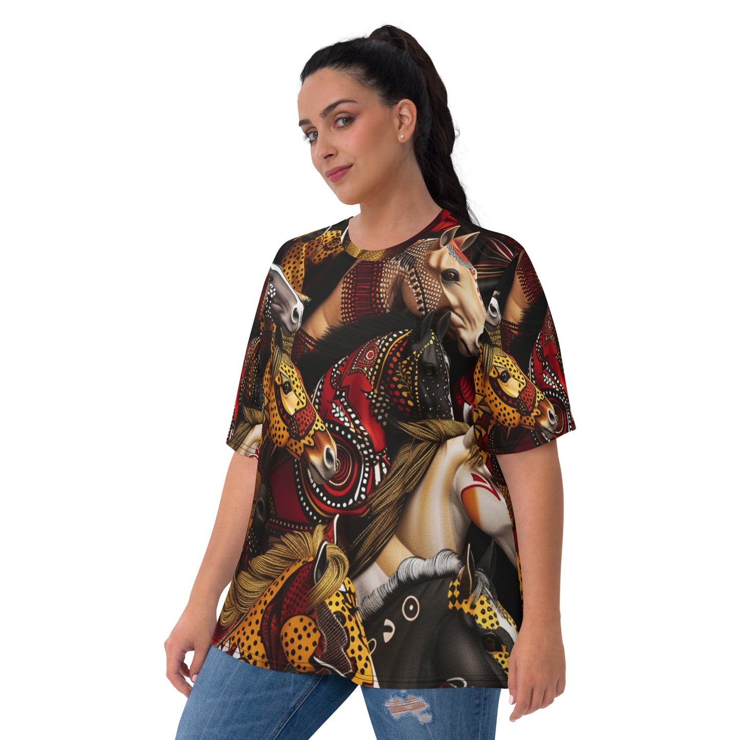 Elegant African Ankara-Inspired Horse Design: All-Over Print Women's Crew Neck T-Shirt